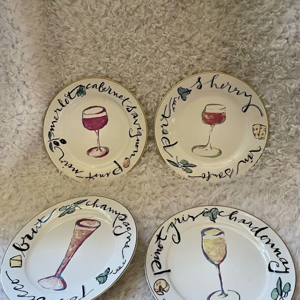 Rosanna Art Set of 4 Brunch, Appetizer ,Wine Cheese Whimsical Hand Drawn plates